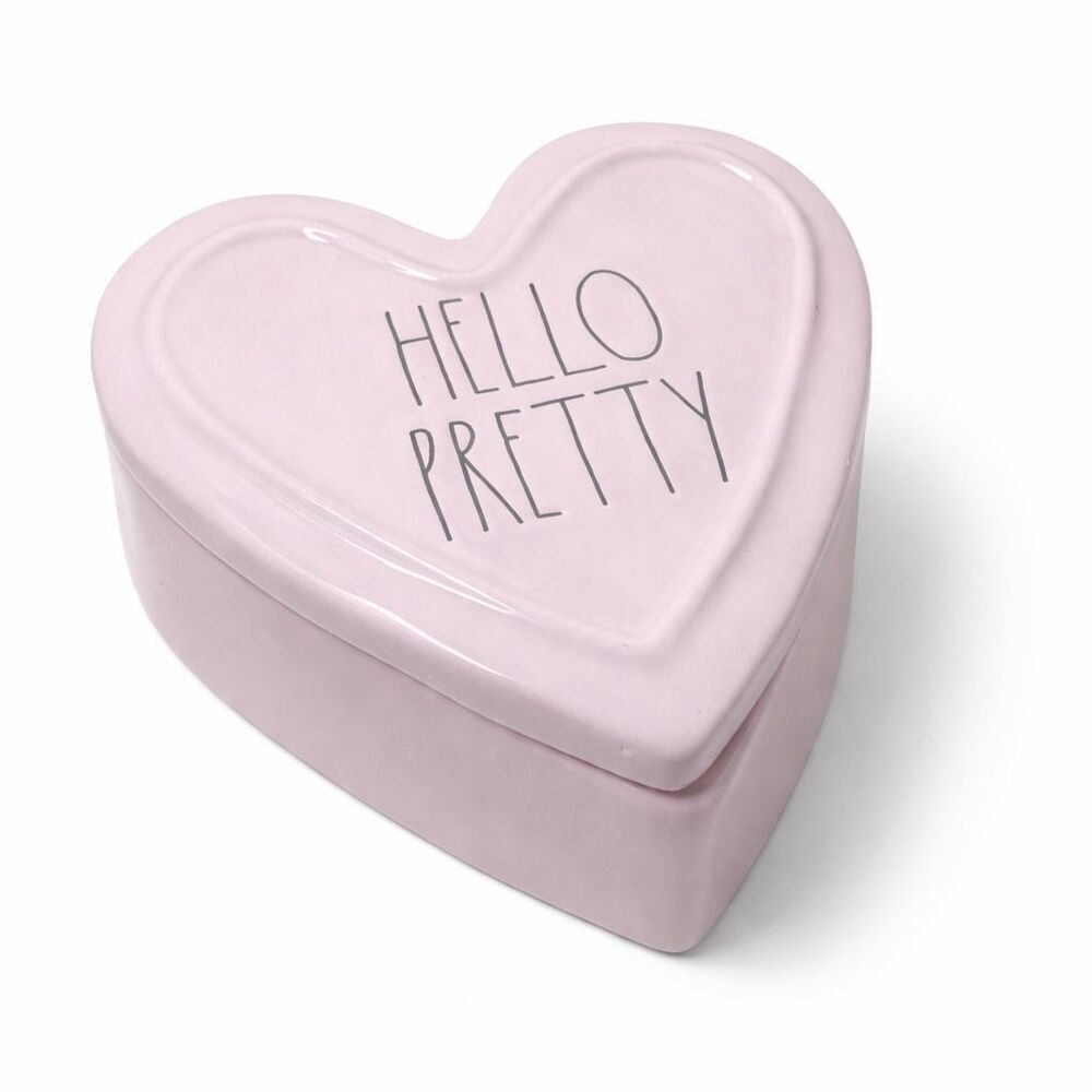RAE Dunn HELLO PRETTY Ceramic Heart Shaped Box PINK- READ
